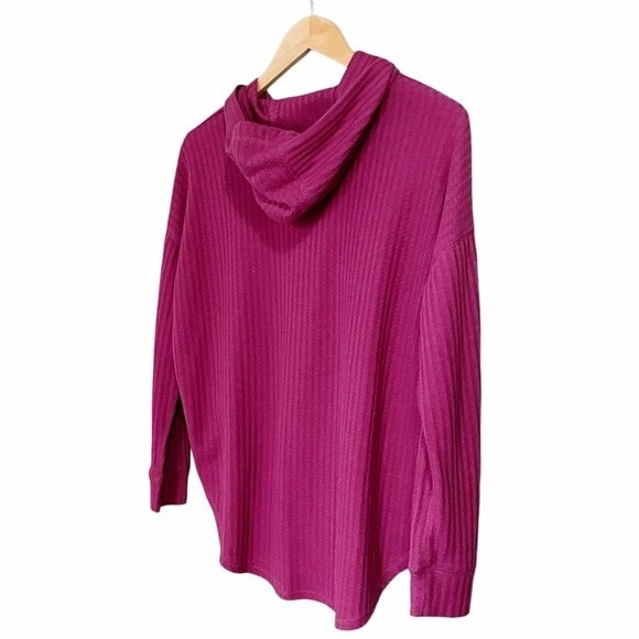 Chaser Waffle Knit Pullover Hoodie Curved Hem Top Raspberry Women’s Size Small - Picture 5 of 10